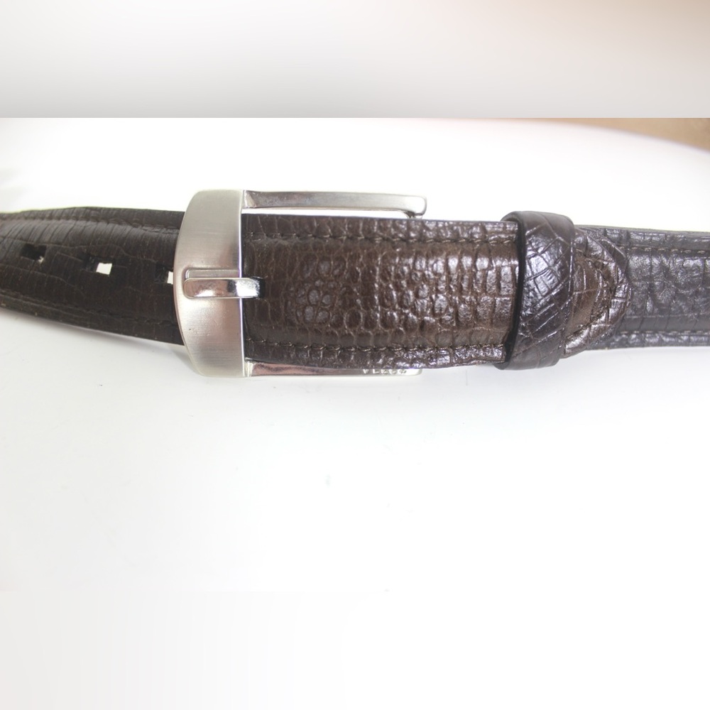 Vintage Dark Brown Croc Embossed Leather Belt Men’s Unisex Silver Buckle Croco